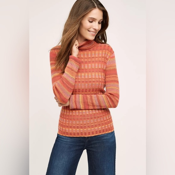 Anthropologie moth sydney turtleneck medium red orange multicolor ribbed wool - Picture 1 of 16